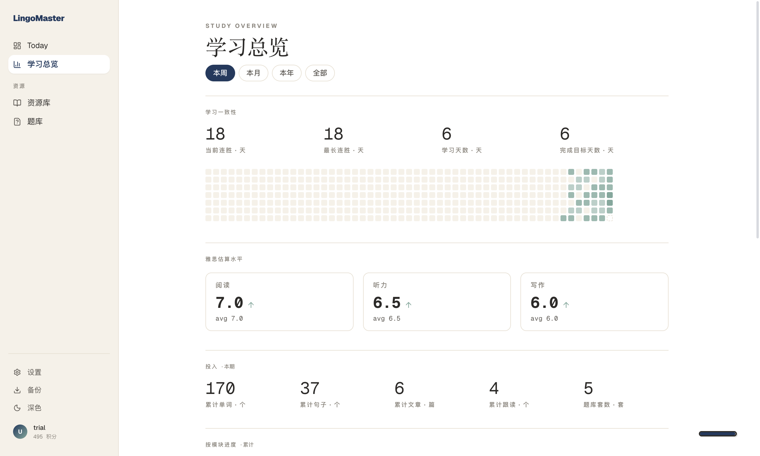 LingoMaster 学习总览:连胜热力图 + 水平估算